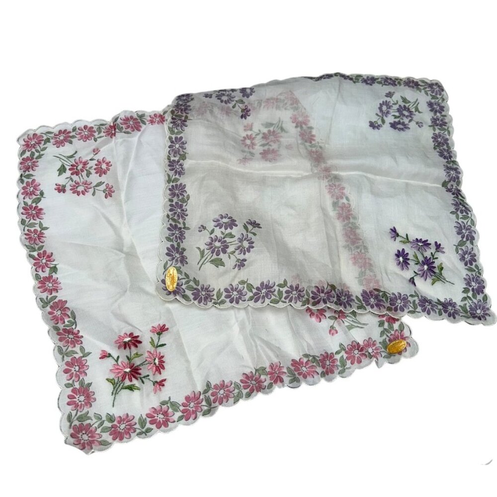 Embroidered Flowers pink purple Switzerland Vintage Handkerchiefs set of 2